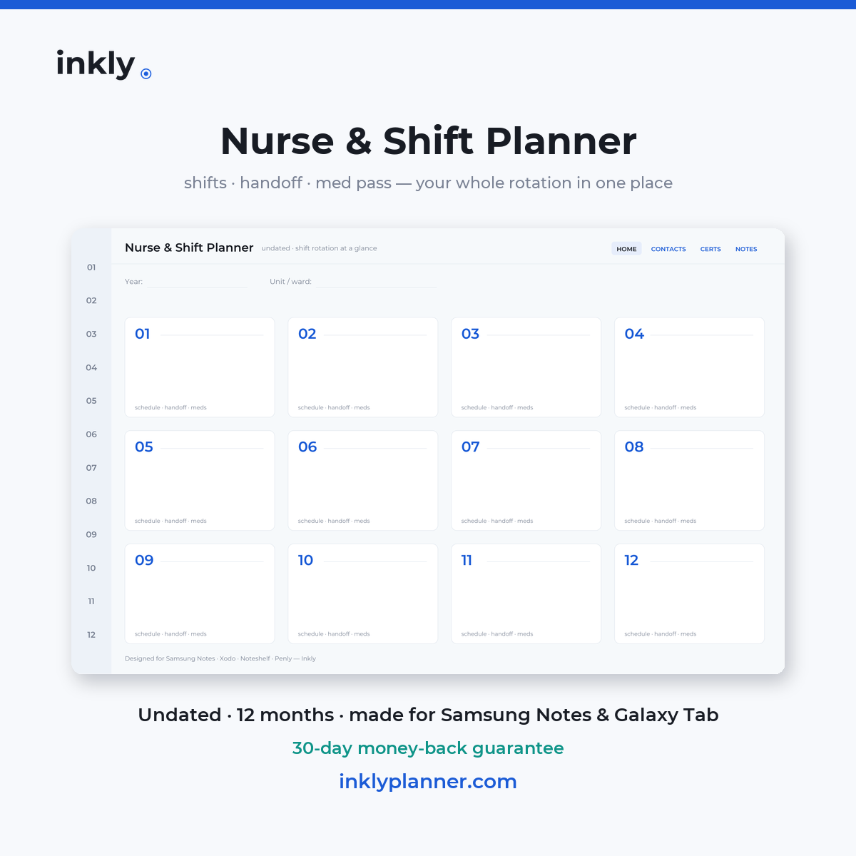 Inkly Nurse & Shift Planner — undated digital planner for Samsung Notes