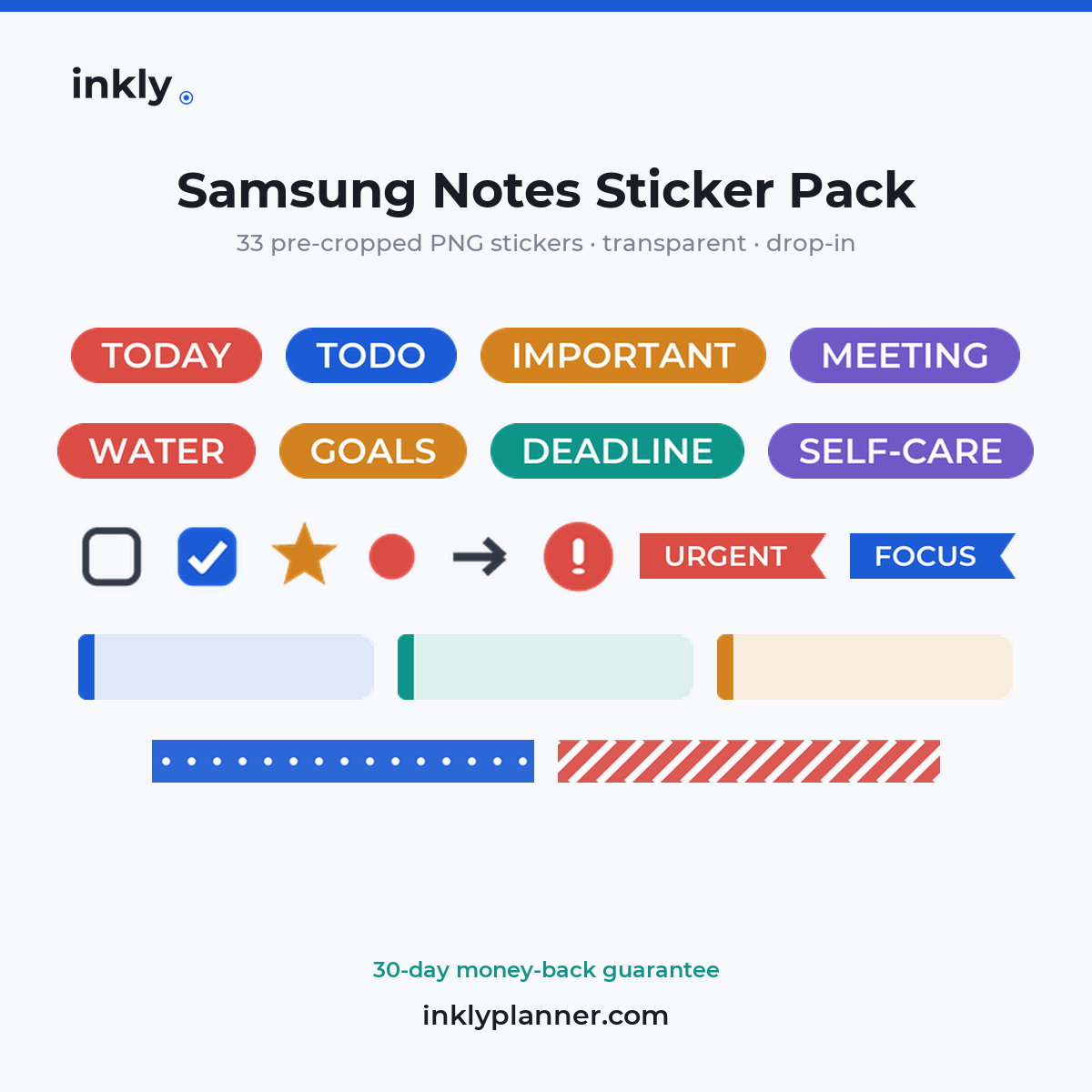 Inkly Samsung Notes Sticker Pack — 33 pre-cropped PNG stickers