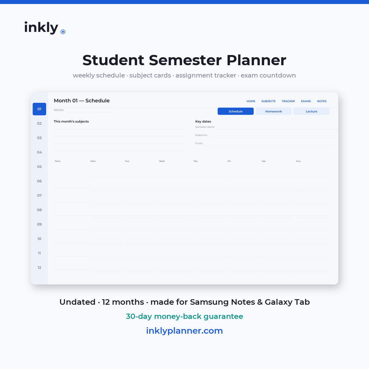 Inkly Student Semester Planner — undated digital planner for Samsung Notes