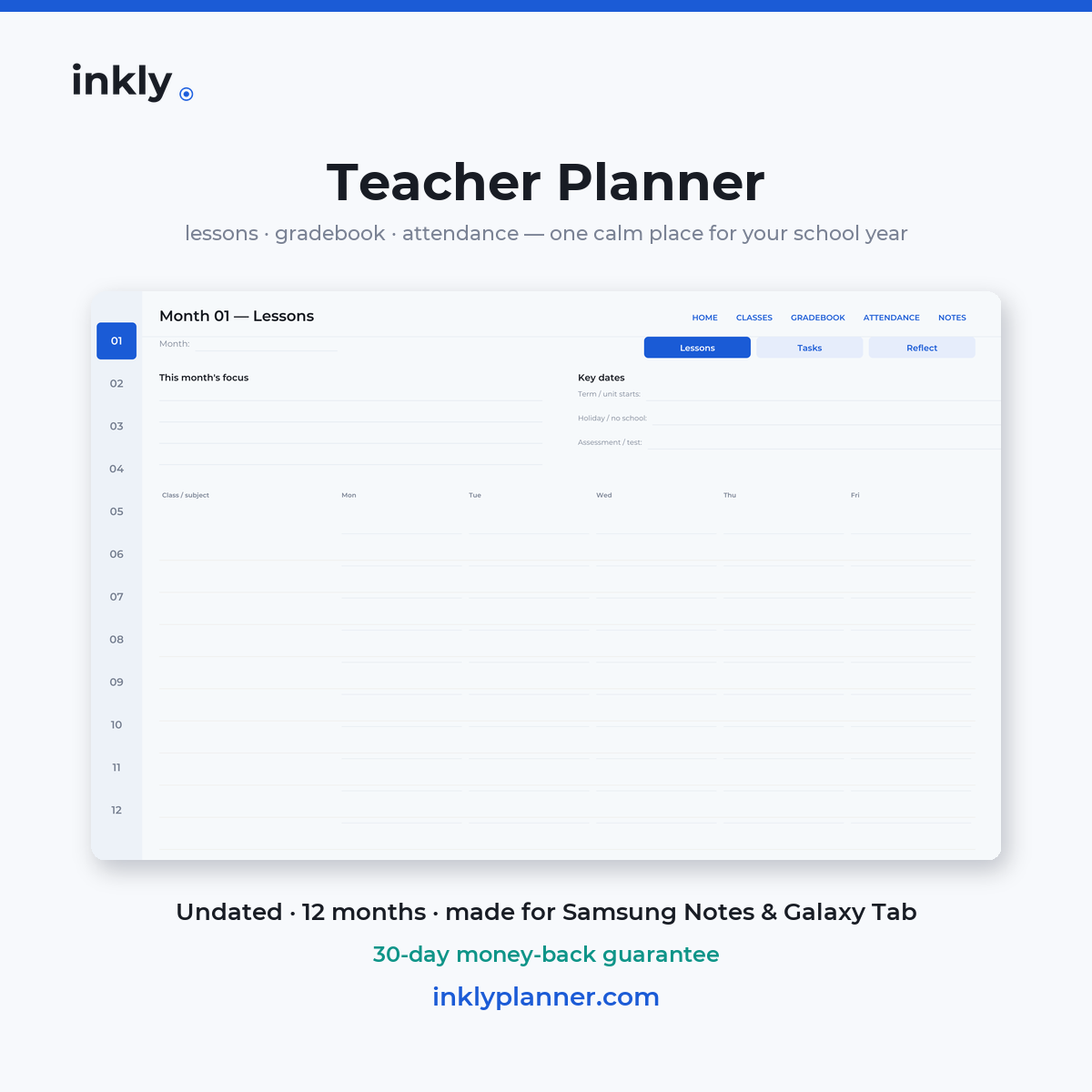 Inkly Teacher Planner — undated digital planner for Samsung Notes
