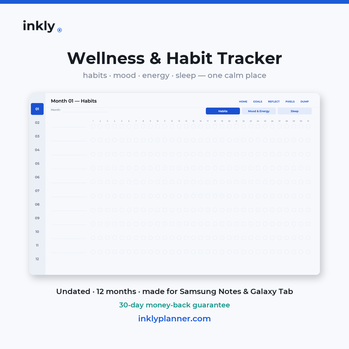 Inkly Wellness & Habit Tracker — undated digital tracker for Samsung Notes
